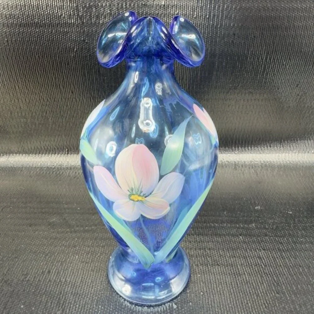 Vintage Fenton Art Glass Vase‎ Vessel Blue Hand Painted Flowers W Sticker Vase